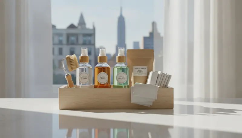 A wooden caddy of cleaning supplies on a white counter by a window