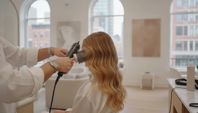 A stylist, seen from behind, blow-drying a client’s long hair